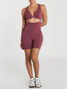 11SKNDS V-Neck Cutout Athletic Romper Jumpsuit With Crossback Straps And Biker Shorts Unitard One-Piece Bodysuit For Yoga Pilates Activewear Spring Summer - Purple - View 4
