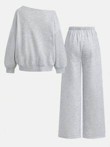 Girlism 青少年女孩休閒街頭風兩件套，秋冬長袖不對稱領數位印花短版衛衣 + 鬆緊腰長褲 - 淺灰色 - 查看 2