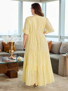 Modelyn Vestido de mujer primavera/verano bordado con textura amarillo pálido cuello cuadrado manga corta talla grande - Amarillo - Ver 2