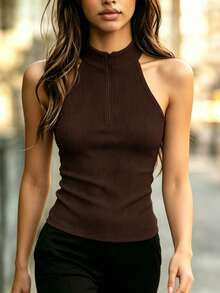SHEIN Women's Solid Color Pleated Fitted Halter Neck Top, Versatile For Daily Wear And Outings - Coffee Brown - View 3