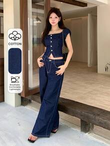 DAZY 夏季水洗藍色開學季優雅牛仔上衣直筒休閒牛仔褲套裝女款牛仔套裝 - 深色水洗藍 - 查看 1