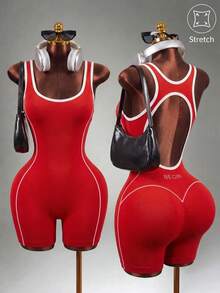 Mistrie Women Contrasting Color Trim Hollow Sleeveless Slim Fit Romper, Summer Sports - Red - View 1