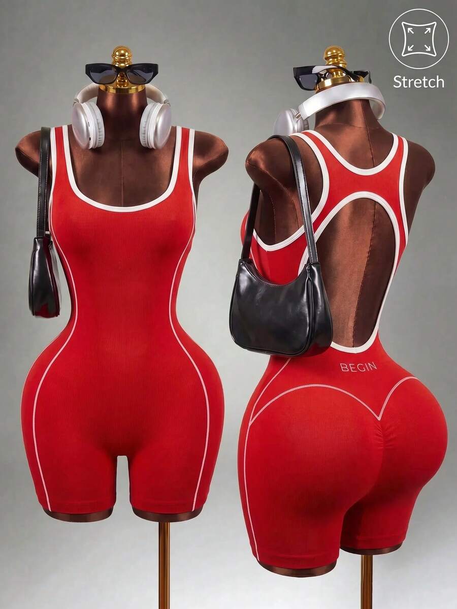 Mistrie Women Contrasting Color Trim Hollow Sleeveless Slim Fit Romper, Summer Sports - Red - View 1