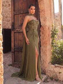 Glamrae Elegant Luxury Olive Green Beaded Lace Satin Patchwork Strapless Sheer Skirt Pleated Mermaid Fishtail High Slit Train Formal Evening Gown For Date - Olive Green - View 6
