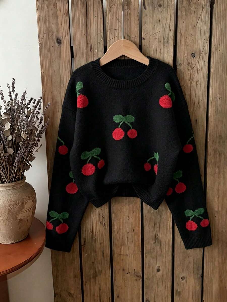 SHEIN Genkimix Kids Fashion Casual Sweet Cherry Girls' Pullover Sweater Autumn Fall - Black - View 1