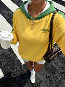 Muchica Autumn New Brazil National Football Team Jersey Top, National Flag Colorful Letter Print Sports World Cup Color Block Women's Sweatshirt, Retro, Preppy, Classic, Fashion, Youth Street Style. Smooth And Comfortable Fabric, Ideal Choice For Match Day. 2026 World Cup Sports Fashion Match Day Football Street Style Jersey - Multicolor - View 3