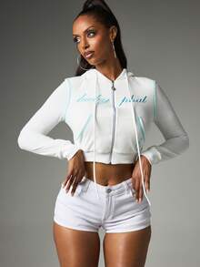 BABYPHAT Cropped Full-Zip Terry Cloth Hoodie With Embroidered Logo Script And Contrast Turquoise Detailing - White - View 1