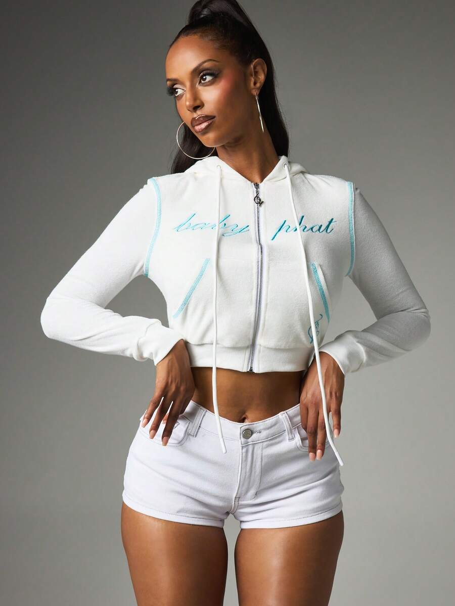 BABYPHAT Cropped Full-Zip Terry Cloth Hoodie With Embroidered Logo Script And Contrast Turquoise Detailing - White - View 1