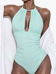 SHEIN Swim 女款夏季海灘素色抓皺性感掛脖式一件式泳衣 - 綠色 - 查看 7