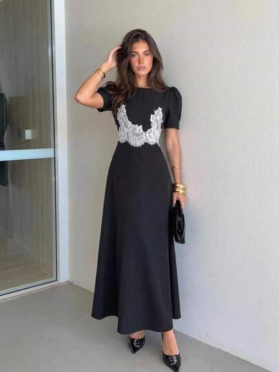 Siren Gaze Elegan Vintage Maxi Dress With Black Lace Panels – Short-Sleeve, Slim-Fit, High-Waisted A-Line Dress – Suitable For Dates, Evening Events, Or Workwear