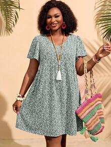 BrightlyHer Vestido de verano con volantes y estampado floral menudo para mujer de talla grande - verde menta - Ver 1