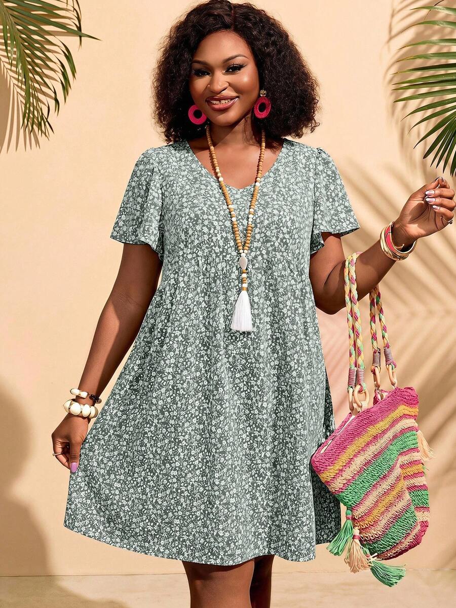 BrightlyHer Vestido de verano con volantes y estampado floral menudo para mujer de talla grande - verde menta - Ver 1