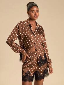 Travachic Women's Polka Dot Long Sleeve Loose Casual Top & Shorts 2pcs Set - Brown - View 6