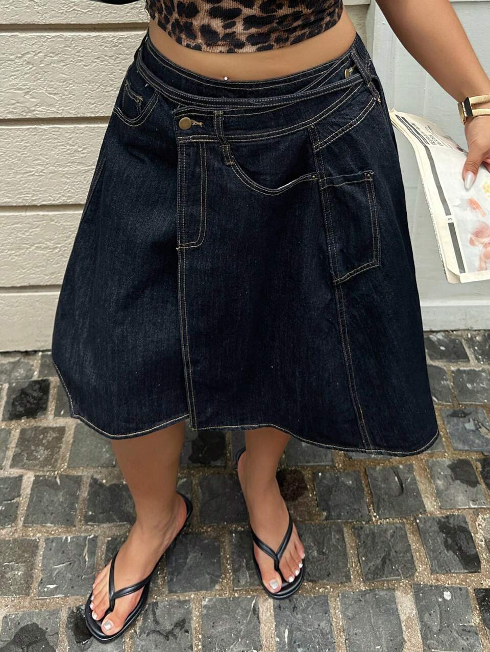 Dark Wash Blue Asymmetrical Hem Tie-Waist Blogger Casual Design Plus Size Women Knee-Length Midi Denim Skirt Spring Summer