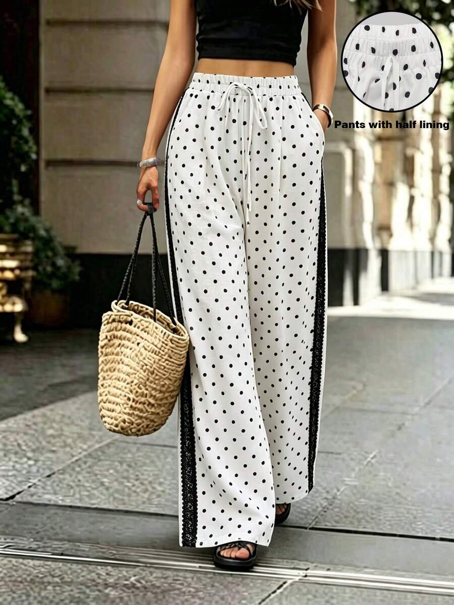 Breezaya Pantaloni lunghi casual a gamba larga da donna con pois e bordo in pizzo a contrasto - Bianco e nero - Visualizzare 1