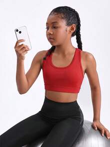 SHEIN Parte superior deportiva sin mangas con cruce en la espalda de unicolor para niñas preadolescentes - Rojo - Ver 5