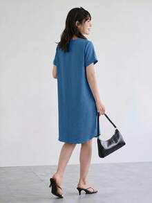 SHEIN LUNE Women Solid Color Round Neck Short Sleeve Casual Dress - Dusty Blue - View 3