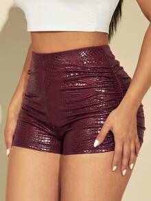SHEIN SXY Women's Faux Crocodile Texture Pleated Fashion Shorts - Burgundy - View 7