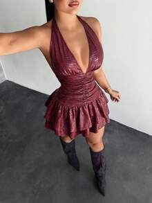 SHEIN SXY 女款掛脖綁帶抓皺性感約會迷你洋裝 - 酒紅色 - 查看 6
