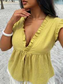 Dazy Plus Patchwork Frill Trim Front Opening Bowknot Drawstring Decor Flutter Sleeve Light Pink Plus Size Women Spring Summer Camisole Tank Top Beach Vacation - Yellow - View 4