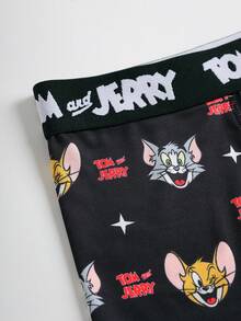 TOM & JERRY X SHEIN 男士字母與卡通印花休閒日常四角內褲 - 黑色 - 查看 4