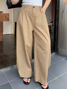 Dazy Petite Curve Pantalones de pierna curva versátiles de estilo callejero blogger casual color caqui sólido para mujer talla grande primavera verano otoño - Caqui - Ver 6