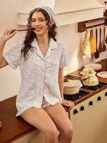 Romantic Ditsy Floral Lapel Short Sleeve Shorts Pajama Set - Baby Pink - View 6