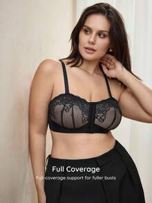 Bralution Black Bandeau Front Closure Push Up Bra, Non-Slip Lace Patchwork, Lift And Support, High Coverage 1/2 Cup Comfy Balconette Bra, Plus Size Summer Sexy - Black - View 3