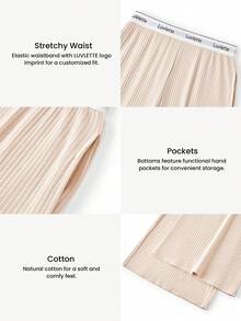 LUVLETTE Sport Style Women Earth Tones Soft Cotton Ribbed Wide Fit Lounge Bottom Airy Cozy Pants With Pockets As Outerwear Culotte Pajamas - Beige - View 3