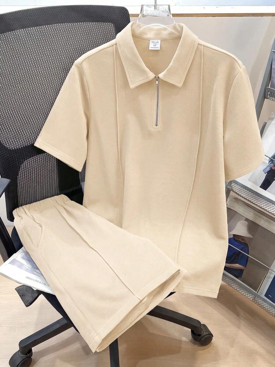 SHEIN Teen Boy Loose Casual Turn Down Collar Knitted Solid Short Sleeve Polo Shirt And Set Spring/Summer - Apricot - View 1