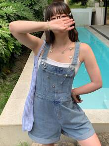 Dazy Plus 夏季海灘度假棉質藍色休閒收腰大尺碼女款短牛仔吊帶褲 - 淺色水洗藍 - 查看 7