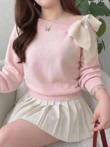 Dazy Plus Contrast Color Cold Shoulder Dropped Shoulder Long Sleeve Bow Tie Loose Casual Versatile Pullover Sweater Spring/Autumn New Arrival - Pink - View 8