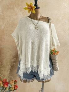 Soleia Women's Lace Patchwork Asymmetrical Shoulder Casual Versatile Daily Knit Top - Apricot - View 4