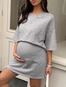 DAZY 圓領寬鬆短袖上衣與鬆緊腰裙休閒運動孕婦兩件套 - 灰色 - 查看 2