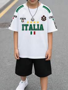 SHEIN Streecool Kids (1件) 男童白色底義大利徽章五角星旗條紋圖案基本款短袖T恤，舒適日常穿著 - 彩色 - 查看 4