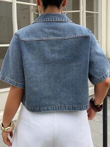 Livesso Washed Denim Shirt, Collared Short Sleeve Cropped Denim Top, Street Style Plus Size Women Spring/Summer - Medium Wash - View 7