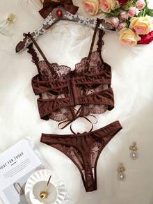 SHEIN Sexy Sheer Embroidered 2-Piece Set - Brown - View 2