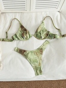 SHEIN Swim 度假海灘紮染印花比基尼套裝 - 綠色 - 查看 2