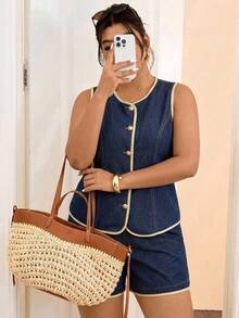 Lounesse Plus Size Single-Breasted Sleeveless Round Neck Top And Denim Shorts 2 Pieces Set - Blue - View 4