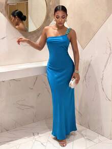 Slaydiva Women's Royal Blue Satin Maxi Dress, Halter Neck Sleeveless Bodycon Floor Length, Beach Cocktail Dinner Wedding Guest Party Sexy Elegant Summer - Blue - View 11