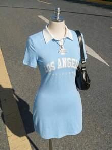 SHEIN ICON Women's Plus Size Polo Collar Light Blue Contrast Mini Dress Back-To-School Graduation Summer 90s - Baby Blue - View 5