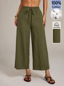 SHEIN PETITE Women's Solid Color Drawstring Waist Casual Versatile Daily Wear Wide Leg Long Pants Vacation Olive Green Summer - Army Green - View 8