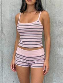 SHEIN EZwear 夏季拼色條紋細肩帶背心與短褲套裝 - 彩色 - 查看 4