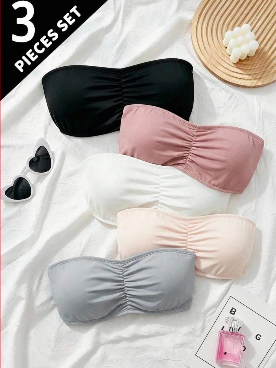 3pcs Teen Girls Puberty Strapless Bandeau Bras, Detachable Cups, No-Shoulder Student Camisole Undershirt Anti-Exposure Bra - Multicolor - View 1