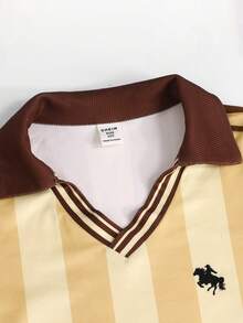 SHEIN Tween女孩秋冬休閒復古學院風黃色與棕色條紋印花POLO領小Logo印花織帶裝飾寬鬆長袖衛衣與配套織帶寬腿直筒運動褲套裝 - 黃色 - 查看 5