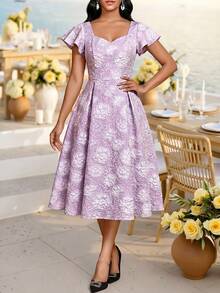 SHEIN Lady Women's Purple Jacquard Short Sleeve V Neck A-Line Swing Fit Flare Elegant Midi Dress Belted Party Cocktail Formal Wedding Guest Church Going Out Fall - Purple - View 5