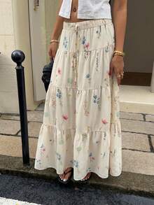 MainGRL Women's Floral Print Ruffled Drawstring Waist Casual Skirt For Vacation - White - View 3