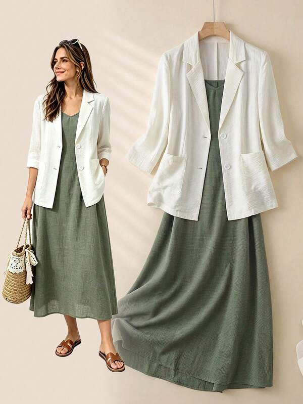 Rusticease Women's Solid Color Mottled Collar Long Sleeve Jacket And Camisole Dress Casual Elegant Two Pieces Set Off-White Autumn Office