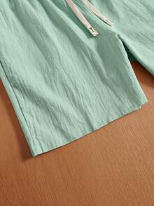 Manfinity Hypemode Men's Solid Color Cotton Elastic Waist Drawstring Loose Casual Linen Shorts For Men Beach Vacation Green Shorts Summer Drawstring Shorts - Mint Green - View 4