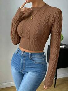 SHEIN Raffinéa Áo len croptop màu trơn phong cách thường ngày đa năng - màu nâu - Xem 1